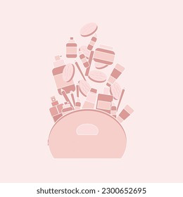 Cosmetic bag with cosmetics. Nurturing Self. Beauty, Cosmetics, and the Art of Self Care in Flat Vector Illustration.