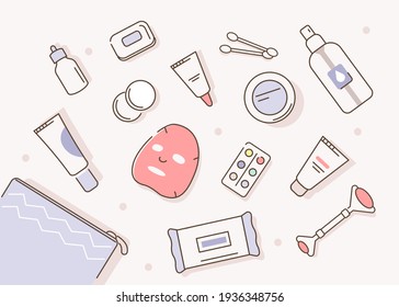 Cosmetic Bag with different Skin Care Products around. Facial Mask, Moisturizing Cream, Hygienic Products, Serum and other Skincare Cosmetics. Beauty Routine Concept. Flat Cartoon Vector Illustration.