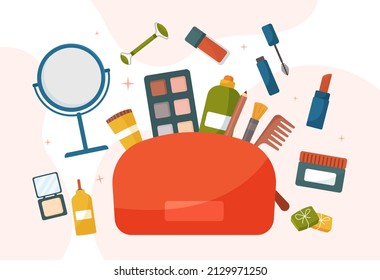 Cosmetic Bag with different Skin Care Products. Moisturizer Cream, cleansing serum, mirror, lipstick, mascara and face powder. Beauty routine and makeup application. Cartoon flat vector illustration