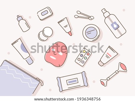 Cosmetic Bag with different Skin Care Products around. Facial Mask, Moisturizing Cream, Hygienic Products, Serum and other Skincare Cosmetics. Beauty Routine Concept. Flat Cartoon Vector Illustration.