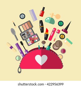 Cosmetic bag in flat style. Make up objects for cosmetic store - vector illustration. Flat cosmetics make up. Isolated cosmetic.