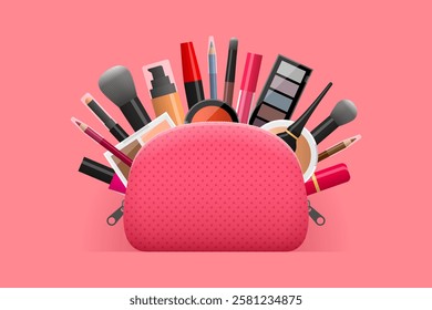 Cosmetic bag full of various makeup products and tools, big assortment of decorative cosmetics. Beauty and fashion concept