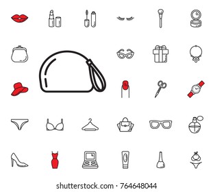 Cosmetic bag icon. Beauty, Cosmetic, Shopping and Makeup Vector Icons Set . Cosmetic products, makeup brushes, lipstick, perfume, eye makeup. Women accessories. Fashion icons