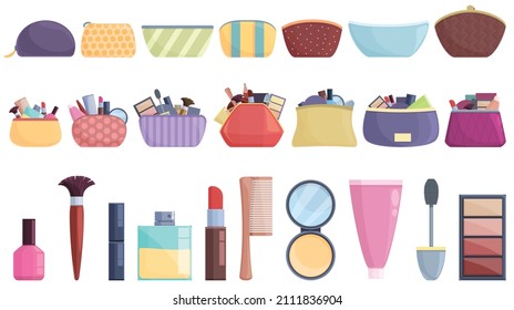 Cosmetic bag icons set cartoon vector. Accessory barber. Beauty pouch