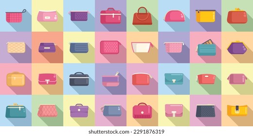 Los iconos de las bolsas cosméticas configuran el vector plano. Belleza barbera. Caso Zip