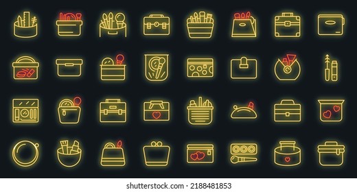 Los iconos de bolsas cosméticas establecen el vector de contorno. Barbero accesorio. Neón vectorial de bolsita de belleza