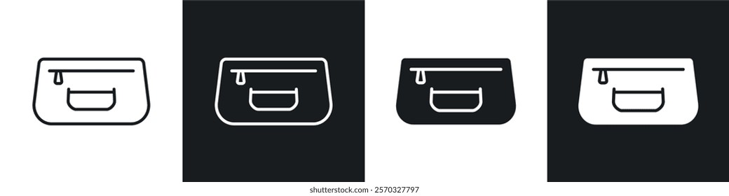 Cosmetic bag icons vectors set in black. line and flat versions