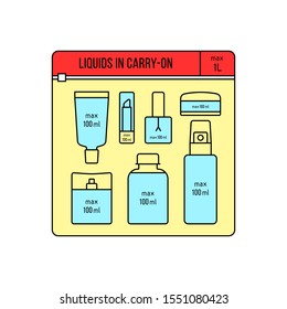 Cosmetic Bag With Liquids For Hand Luggage. Linear Symbol Bottles In Zip-lock Package Of Max 100 Ml And Maximum Of 1 L Allowed In Carry-on Baggage For Flights. Set Of Spray, Lotion. Airport Rules