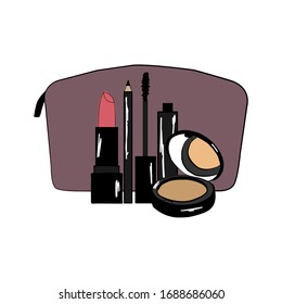 Cosmetic bag with makeup. Beauty style isolated on white background. Set of lipstick, eyeliner, mascara and powder.