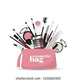 Cosmetic Bag With Makeup Products. Powder, Blush, Eye Shadow, Foundation, Brushes, Pencils, Lipstick, Mascara. Vector Illustration On White Background.