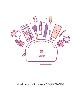 Cosmetic bag with makeup products vector illustration