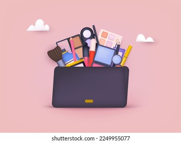 Bolsa cosmética con material de maquillaje. Estilo de belleza aislado en un fondo blanco. Ilustraciones de vectores Web 3D.