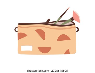 Bolso cosmético con las herramientas del maquillaje. Bolsa portátil con pinceles de maquillaje, aplicadores asomándose. Organizador personal para accesorios de belleza, almacenamiento. Ilustración vectorial plana aislada sobre fondo blanco