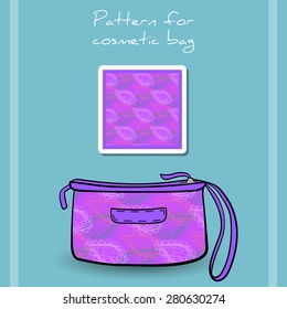 Cosmetic bag with purple pattern made from decorative leafs. Vector illustration