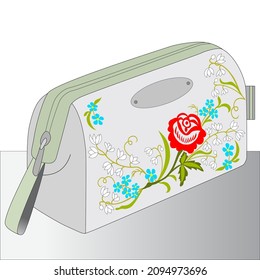 Cosmetic bag with red peony, turquoise forget-me-nots, lilies of the valley, green leaves, hand-drawn, stylization, zipper on the purse, embroidery pattern, for painting with acrylics on fabric.