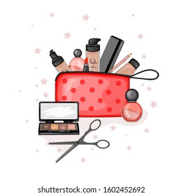Cosmetic bag with a set of beauty items. Cartoon style. Vector illustration