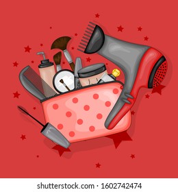 Cosmetic bag with a set of beauty items. Cartoon style. Vector illustration