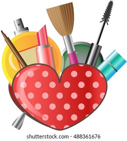 Cosmetic bag with set of tools for makeup. vector. icon