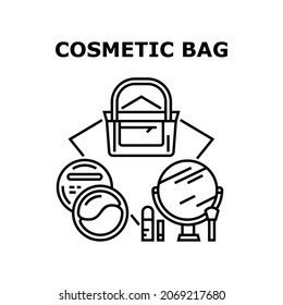 Cosmetic Bag Vector Icon Concept. Cosmetic Bag For Storaging And Carrying Beauty Kit, Mirror And Cosmetology Product Packages. Container With Make-up Accessories Black Illustration