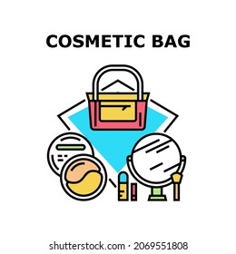 Cosmetic Bag Vector Icon Concept. Cosmetic Bag For Storaging And Carrying Beauty Kit, Mirror And Cosmetology Product Packages. Container With Make-up Accessories Color Illustration