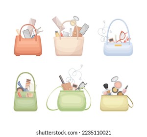 Cosmetic bags with makeup products and accessories set. Powder, blush, eye shadow, foundation, brushes vector illustration
