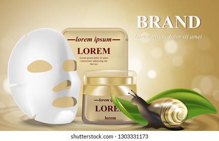 Cosmetic banner with 3d realistic bottles for skincare cream, with white sheet facial cosmetic mask. Poster template mockup for promoting your brand decorated snail. Beauty product concept.