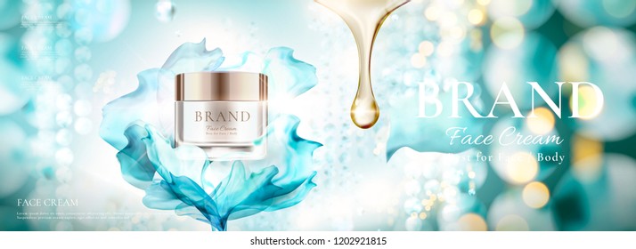 Cosmetic banner ads with face cream jar and flying chiffon, 3d illustration bokeh glittering background