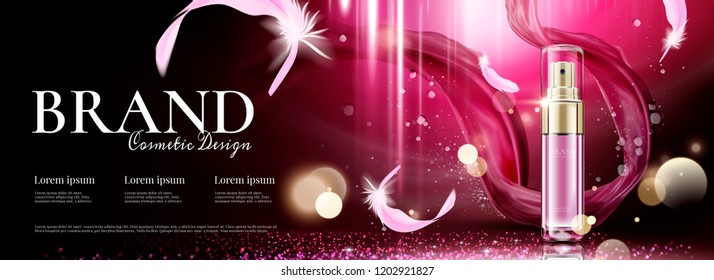 Cosmetic banner ads with flying chiffon and feathers, 3d illustration bokeh glittering background