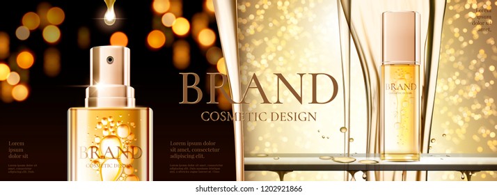 Cosmetic banner ads with golden spray bottle and bokeh glittering background, 3d illustration