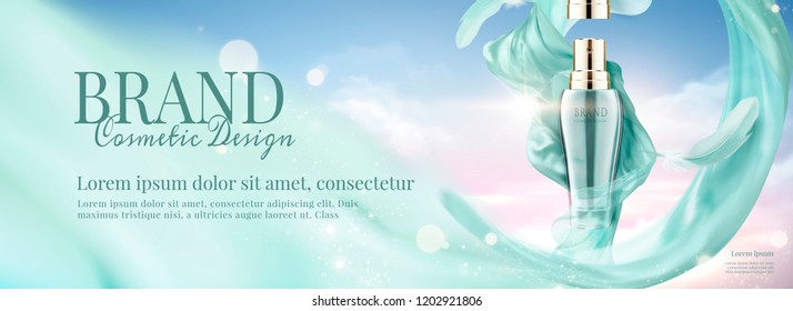 Cosmetic banner ads with spray bottle and flying chiffon, 3d illustration