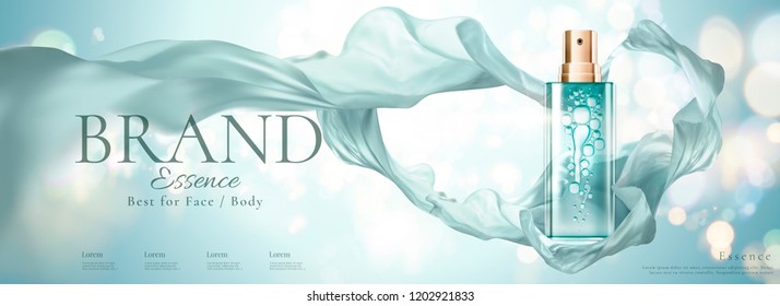 Cosmetic banner ads with spray bottle and flying chiffon, 3d illustration bokeh glittering background