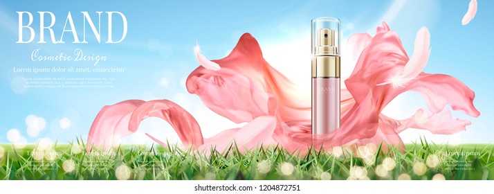 Cosmetic banner ads with spray bottle with flying chiffon, 3d illustration grass land background