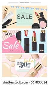 Cosmetic Banner Design For Website Use With Bottles, Mascara, Foundation Case And Lipsticks, 3d Illustration