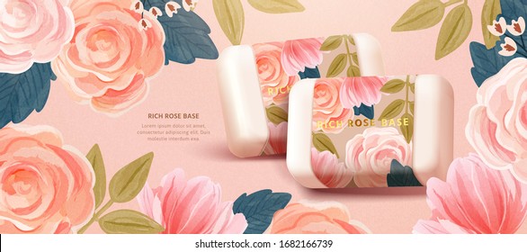 Cosmetic banner template merging realistic botanical soaps with cute hand-drawn floral background, inspired by the concept of simple natural skincare, 3D illustration