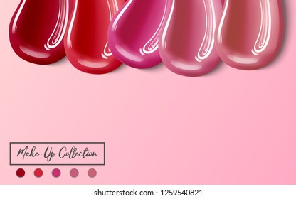 
Cosmetic banner.A set of different lip gloss on a pink background. Sample oiled makeup. 3d vector tones promo with different shades for lips. Cosmetic collection of shades. Make-Up. Vector.