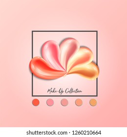 Cosmetic banner.A set of different lip gloss on a pink background. Sample oiled makeup. 3d vector tones promo with different shades for lips. Cosmetic collection of shades. Make-Up. Vector