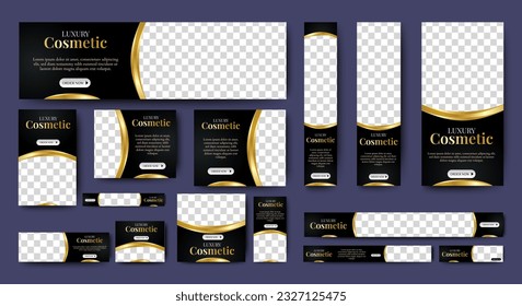 Cosmetic banners. ads template design with luxury black and gold background. vector