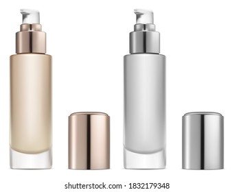 Cosmetic Base Cream. Serum Pump Bottle Vector Mockup. Foundation Powder Beauty Package. Face Care Product Container. Plastic Jar For Hand Lotion Or Medicine Shampoo