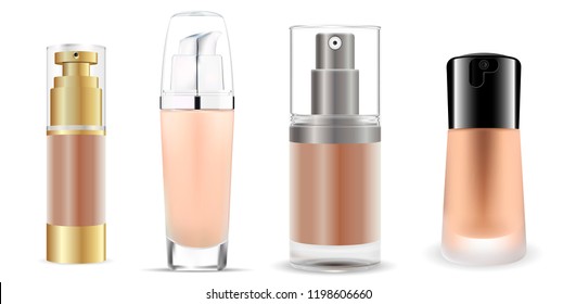 Cosmetic base glass bottles set. Vector design of cosmetic foundation package. Advertising of tonal cream, concealer, base. Nutritious cream, gel, body lotion with protein of silk.