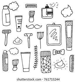 Cosmetic and beauty items for man, shaving foam, cream, perfume, brush. Set of abstract isolated design elements for men. Hand drawn vector black and white illustrations. Cartoon, doodle.