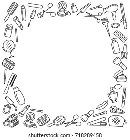 Cosmetic beauty and make up frame in thin line style vector