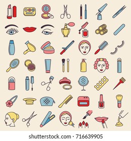 Cosmetic beauty and make up icon set in thin line style, pictogram, symbol, vector