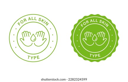 Cosmetic Beauty Natural Products For All Skin Types Stamps Set. Guaranteed Dermatology Sensitive Skin Care Green Label. Moisturizing Cosmetics For All Skin Types Icons. Isolated Vector Illustration.