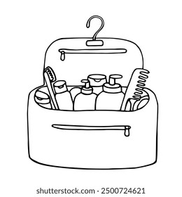 Cosmetic beauty products in bottles. Doodle style. Bag with bath hygiene products. Vector illustration. Shampoo, toothpaste, brush, comb, cream. Isolated on white background. 