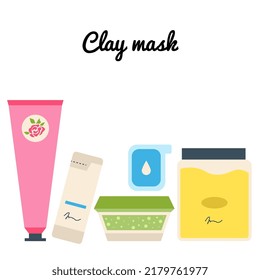 Cosmetic beauty products in bottles, jars set. Body, face care, skincare hygiene essences. Clay mask. Flat graphic vector illustrations isolated on white background