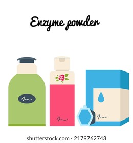 Cosmetic beauty products in bottles, jars set. Body, face care, skincare hygiene essences. Enzyme powder. Flat graphic vector illustrations isolated on white background