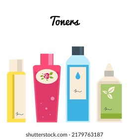 Cosmetic beauty products in bottles, jars set. Body, face care, skincare hygiene essences. Toners and tonics. Flat graphic vector illustrations isolated on white background