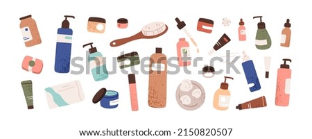 Cosmetic beauty products in bottles, jars set. Body, face care, skincare hygiene essences. Cream, lotion, hair shampoo, shower gel, soap. Flat graphic vector illustrations isolated on white background