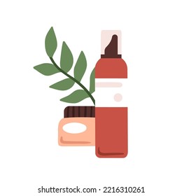 Productos de belleza cosméticos y hojas verdes. Cosméticos vegetales naturales orgánicos. Abstracta la botella y el frasco con acondicionador para pulverización y mazas. Ilustración vectorial plana aislada en fondo blanco