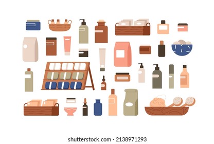 Cosmetic, beauty products packages. Hygiene and body, skin care items set. Eco bottles, jars, containers, dispensers, droppers and tubes. Flat graphic vector illustrations isolated on white background